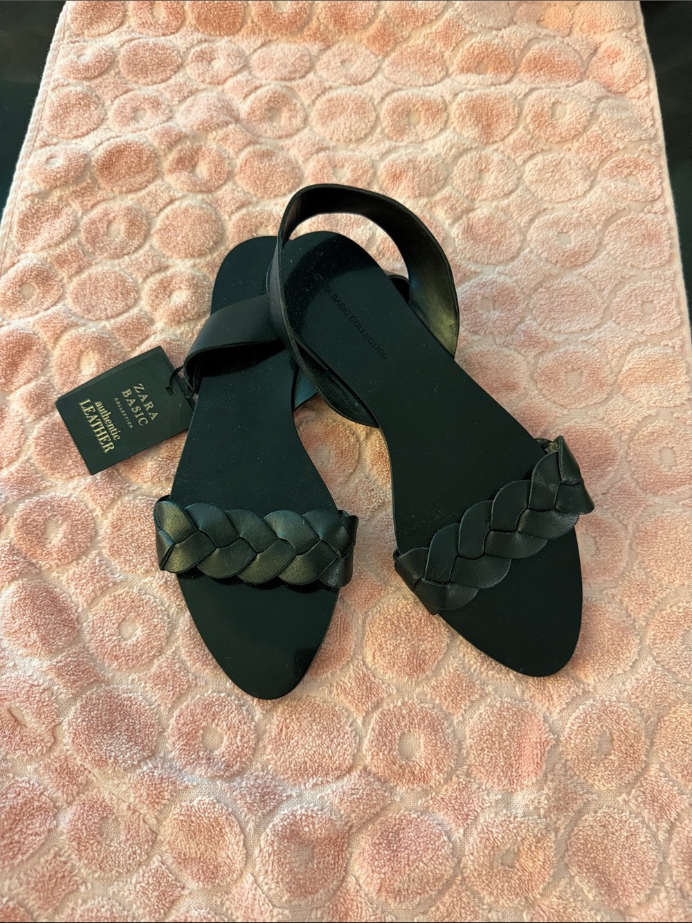 ZARA Black Braided Front Strap Flat Sandals